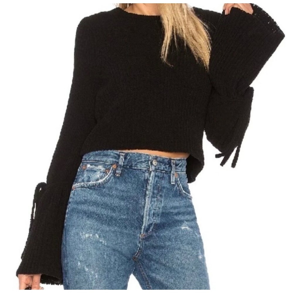 Lovers + Friends Parkwood Black Chenille Knit Tie Bell Sleeve Cropped Sweater M